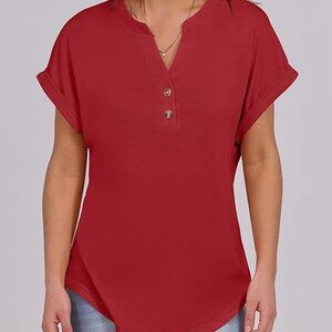 ANRABESS Womens Short Sleeve Henley Top in Deep Red Shade
